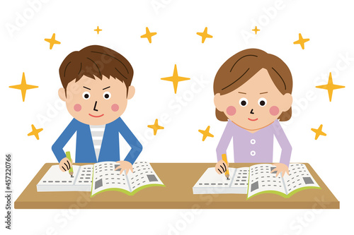 ポップな若者　男の子と女の子　調子よく勉強する