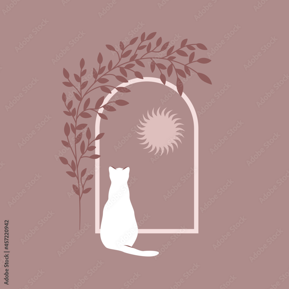 Samotny biały kot siedzący przy oknie, patrzący na niebo i słońce. Nostalgiczna magiczna scena. Kocia sylwetka w stylu boho. Urocza ilustracja wektorowa. - obrazy, fototapety, plakaty 