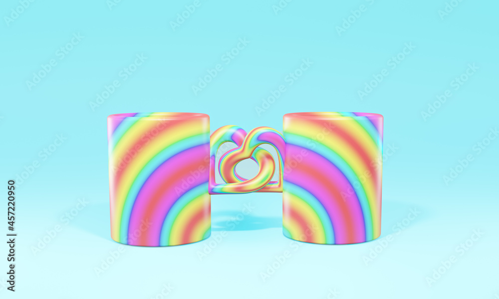Rainbow coloured two entwined love heart handle mugs 3d rendering illustration, romance, love, marriage, engagement concept Rainbow coloured two entwined love heart handle mugs 3d rendering illustration, romance, love, marriage, engagement concept