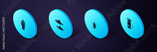 Set Isometric Medicine bottle and pills, Cockroach, Fish and Hand with psoriasis or eczema icon. Vector