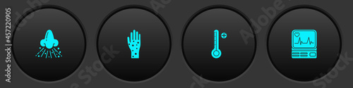 Set Runny nose, Hand with psoriasis or eczema, Medical digital thermometer and Monitor cardiogram icon. Vector