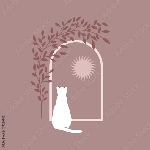 Samotny biały kot siedzący przy oknie, patrzący na niebo i słońce. Nostalgiczna magiczna scena. Kocia sylwetka w stylu boho. Urocza ilustracja wektorowa.