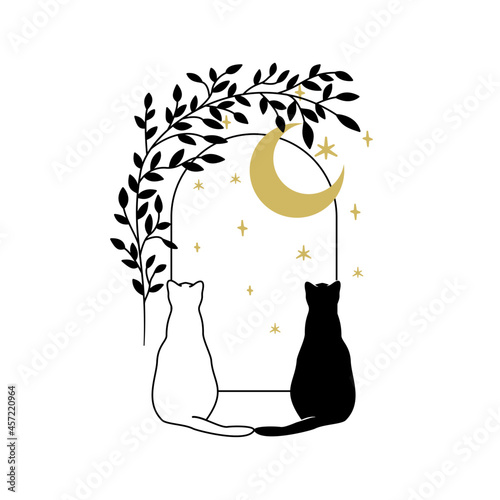 Dwa koty siedzące przy oknie, patrzące na niebo, księżyc i gwiazdy. Urocza magiczna scena. Kocia sylwetka z półksiężycem w stylu boho. Mistyczne elementy z motywem botanicznym.