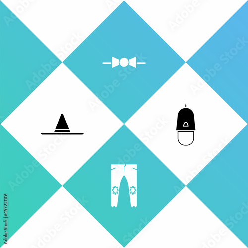 Set Gardener worker hat, Pants, Bow tie and Police cap with cockade icon. Vector