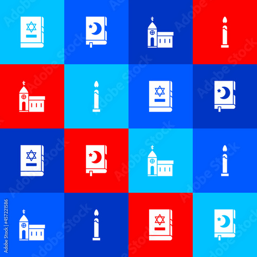 Set Jewish torah book, Holy of Koran, Church building and Burning candle icon. Vector