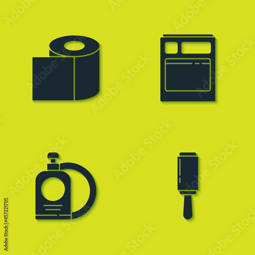 Set Toilet paper roll, Adhesive roller, Dishwashing liquid bottle and plate and Kitchen dishwasher machine icon. Vector