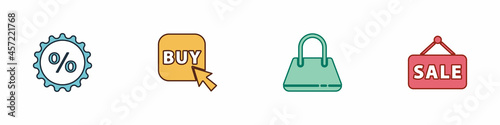 Set Discount percent tag, Buy button, Handbag and Hanging sign with Sale icon. Vector