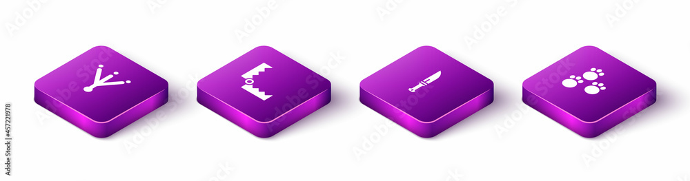 Set Isometric Bird footprint, Trap hunting, Hunter knife and Paw icon. Vector Set Isometric Bird footprint, Trap hunting, Hunter knife and Paw icon. Vector