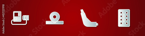 Set Blood pressure, Otolaryngological head reflector, Inhaler and Pills in blister pack icon. Vector