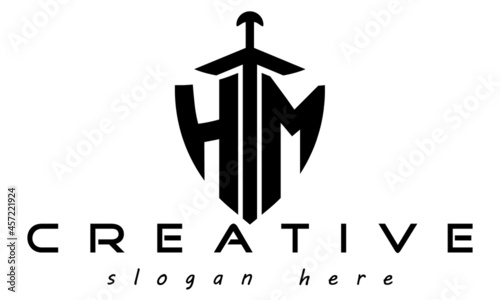 shield HM letter logo with knife sign logo design vector, business logo, icon shape logo, stylish logo template