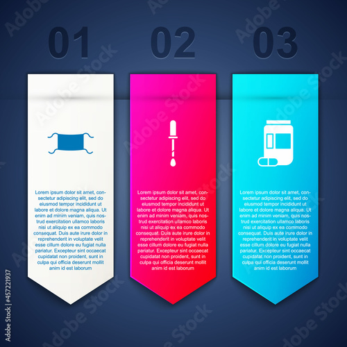 Set Medical protective mask, Pipette and Medicine bottle and pills. Business infographic template. Vector
