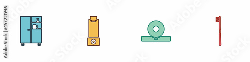 Set Medicine cabinet, Inhaler, Otolaryngological head reflector and Toothbrush icon. Vector