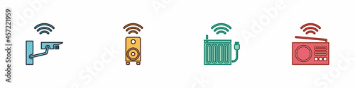 Set Smart security camera, stereo speaker, heating radiator and radio icon. Vector