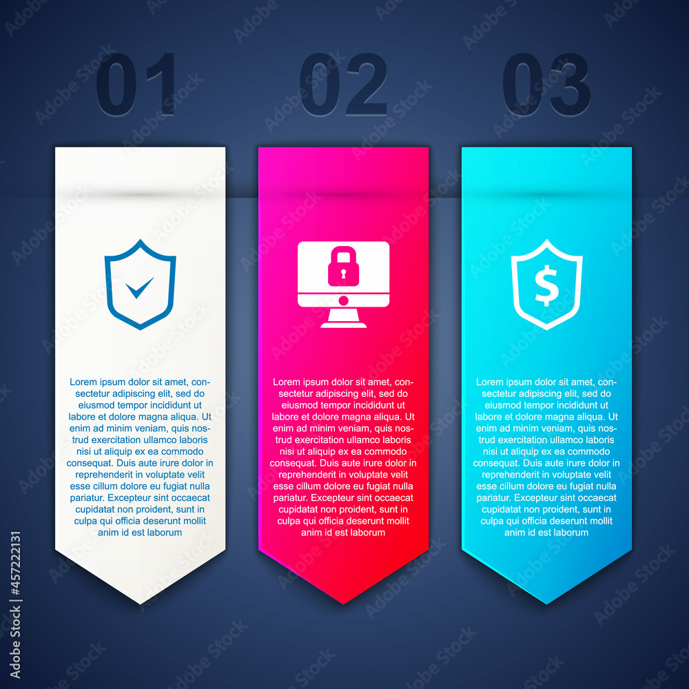 Set Shield with check mark, Lock on computer monitor and dollar. Business infographic template. Vector Set Shield with check mark, Lock on computer monitor and dollar. Business infographic template. Vector