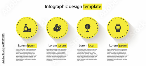 Set Full sack and wooden box, Potato, Tree and Fertilizer bag. Business infographic template. Vector