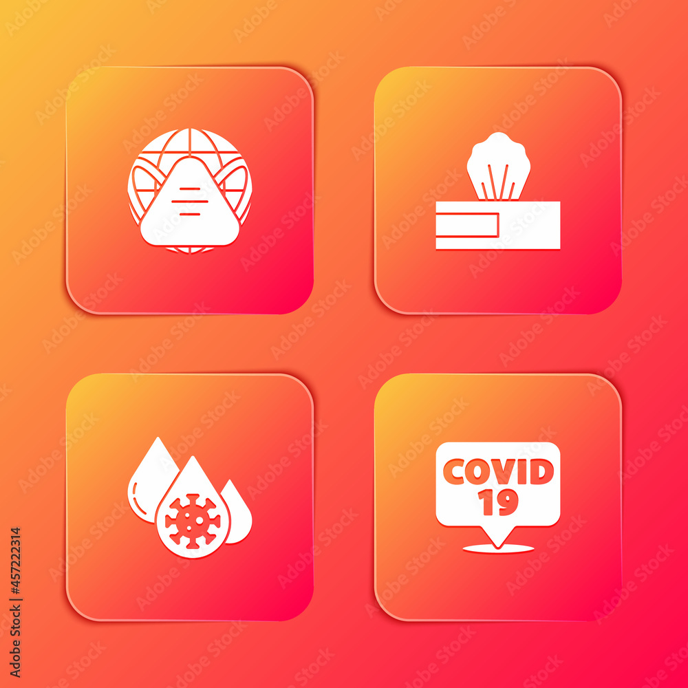 Set Earth with medical mask, Wet wipe pack, Blood test and virus and Corona on location icon. Vector