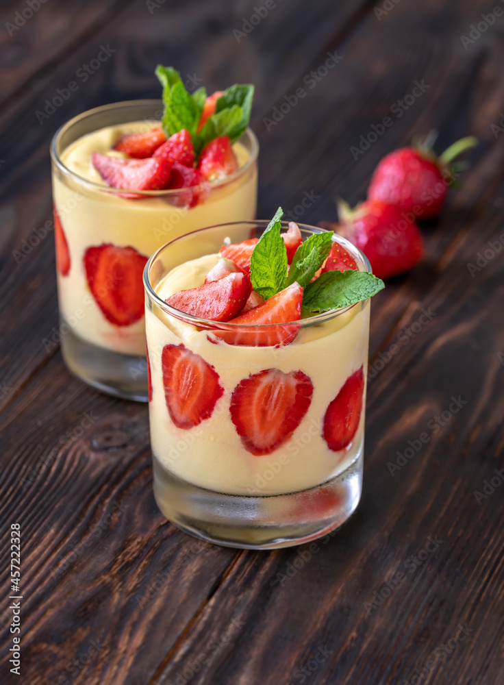 Mango custard with fresh strawberry Mango custard with fresh strawberry