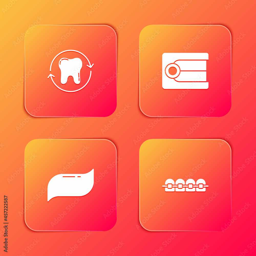 Set Tooth whitening, Dentures model, Toothpaste and Teeth with braces icon. Vector Set Tooth whitening, Dentures model, Toothpaste and Teeth with braces icon. Vector