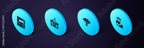Set Isometric Bullfight, matador, Fan flamenco, Prado museum and House Edificio Mirador icon. Vector