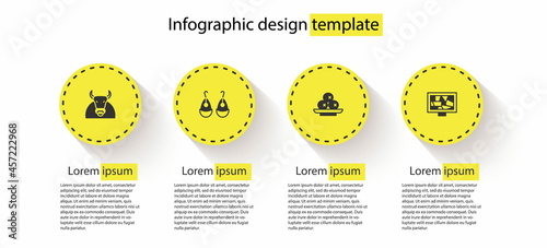 Set Bull, Earrings, Olives on plate and Picture art. Business infographic template. Vector