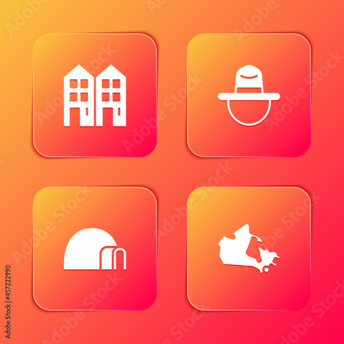 Set House, Canadian ranger hat, Igloo ice house and Canada map icon. Vector