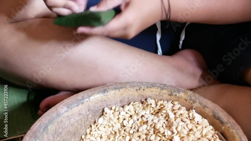 Hand of Indonesian women packing soybeans to banana leaves, javanese traditional tempeh preparation. Wrapping soybeans for fermentation.