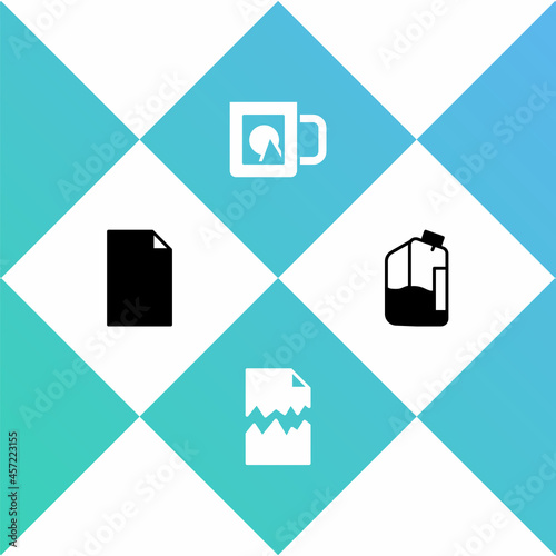 Set Empty document, Torn, Coffee cup and Printer ink bottle icon. Vector