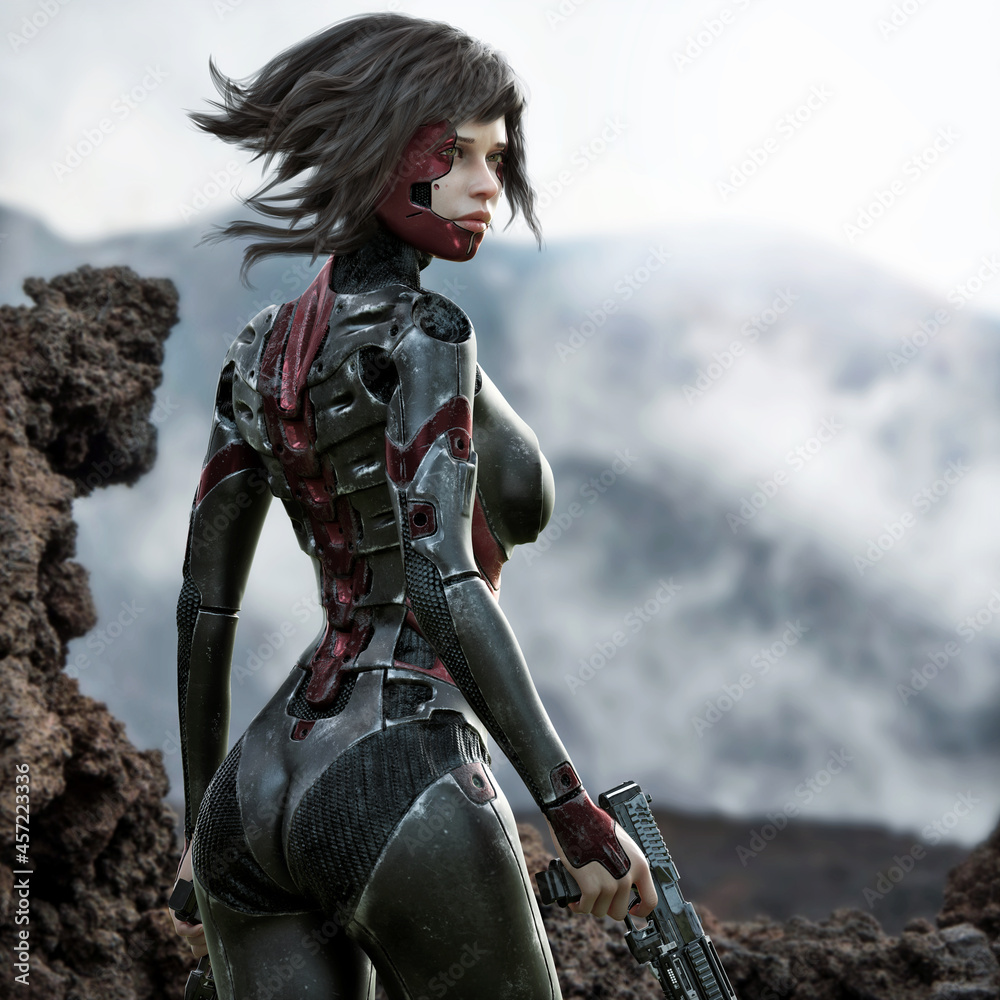 Futuristic battle tested cyborg female surveys the area for her target. 3d rendering - obrazy, fototapety, plakaty 