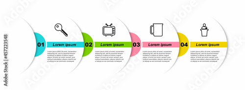 Set line Key, Television tv, Coffee cup and Speaker. Business infographic template. Vector