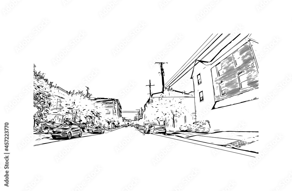 Building view with landmark of Lancaster is the 
city in Pennsylvania. Hand drawn sketch illustration in vector.