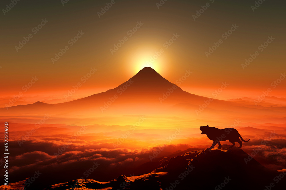 富士山の日の出と虎