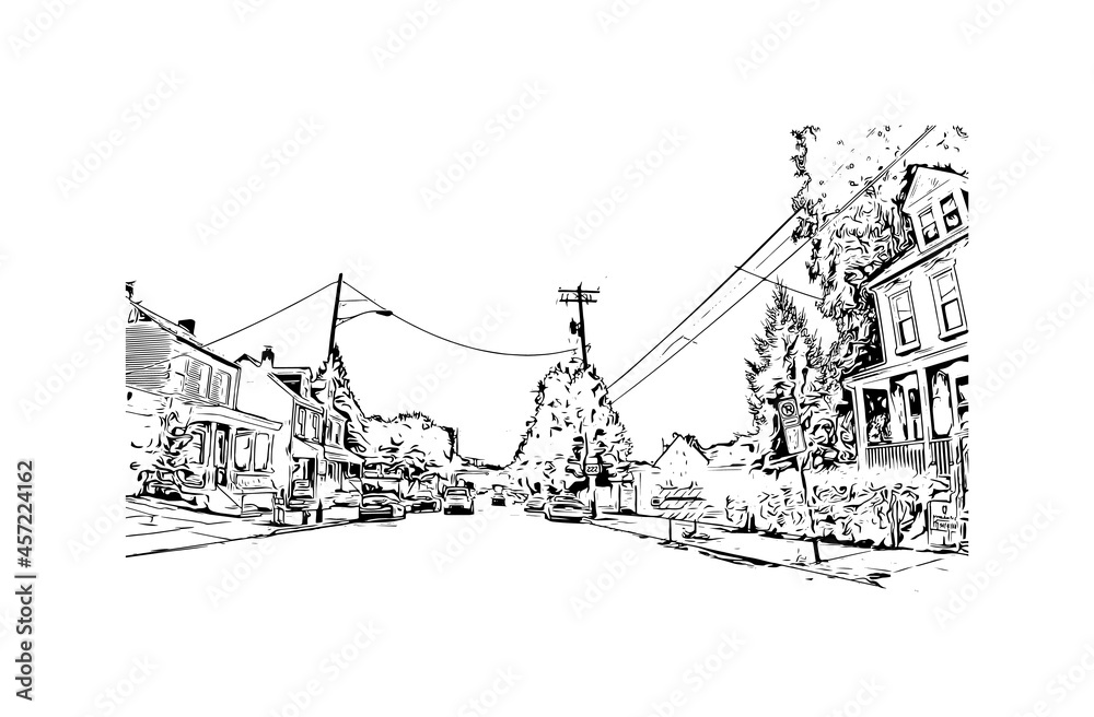 Fototapeta premium Building view with landmark of Lancaster is the city in Pennsylvania. Hand drawn sketch illustration in vector.