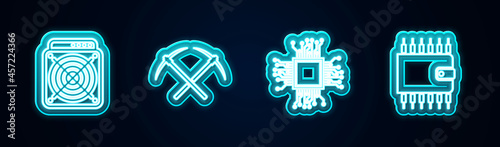 Set line ASIC Miner, Crossed pickaxe, Processor and Cryptocurrency wallet. Glowing neon icon. Vector