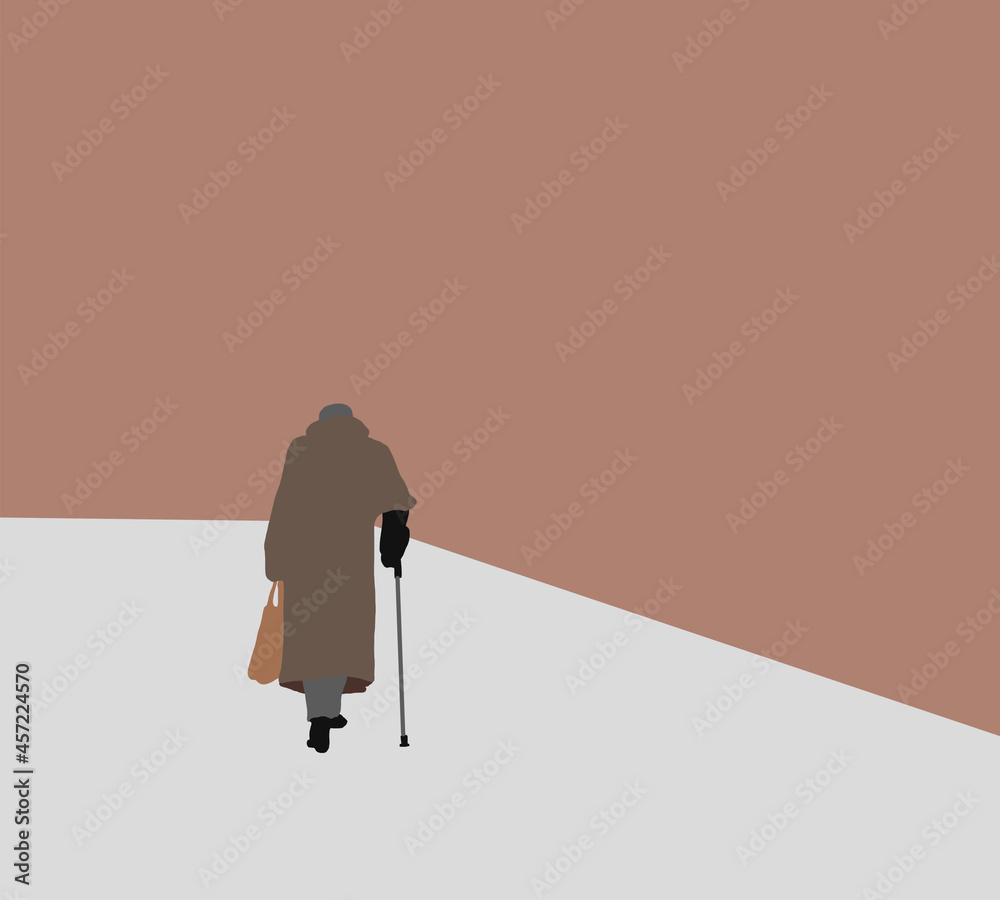 Old man walking with cane and shopping bag on urban street city. Flat ...
