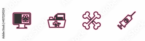 Set line Clinical record pet on monitor, Crossed bones, Medical veterinary folder and Syringe with vaccine icon. Vector