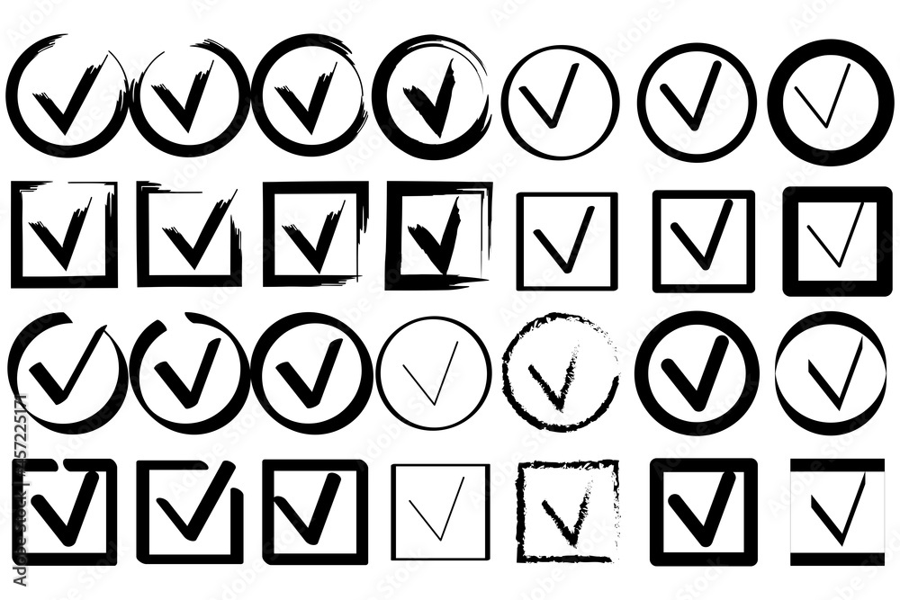 Black mark drawings on white background. Checkmark icon. Ink illustration. Vector illustration. Stock image. Black mark drawings on white background. Checkmark icon. Ink illustration. Vector illustration. Stock image.