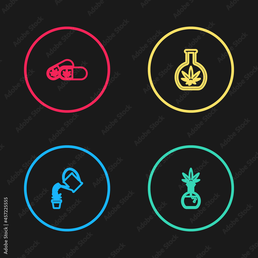 Set line Watering can marijuana, Test tube with, and Medical pills icon. Vector Set line Watering can marijuana, Test tube with, and Medical pills icon. Vector