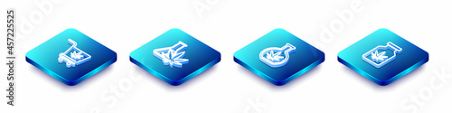 Set Isometric line Shopping cart with marijuana, Test tube, and Medical bottle icon. Vector