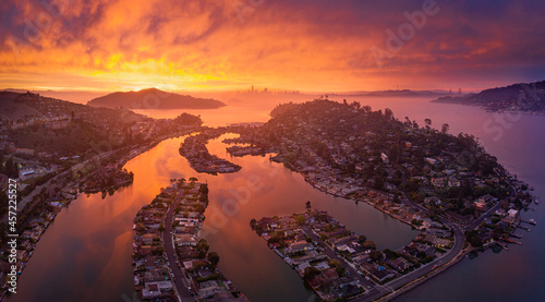 Sunrise over beautiful Belvedere-Tiburon, with the San Francisco skyline in the background photo