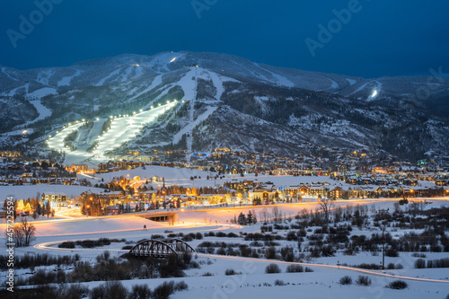 Twilight photo of Steamboat Springs Ski Resort, Colorado after a fresh snowfall. 