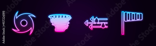 Set line Tornado, , Wind and rain and Cone windsock wind vane. Glowing neon icon. Vector