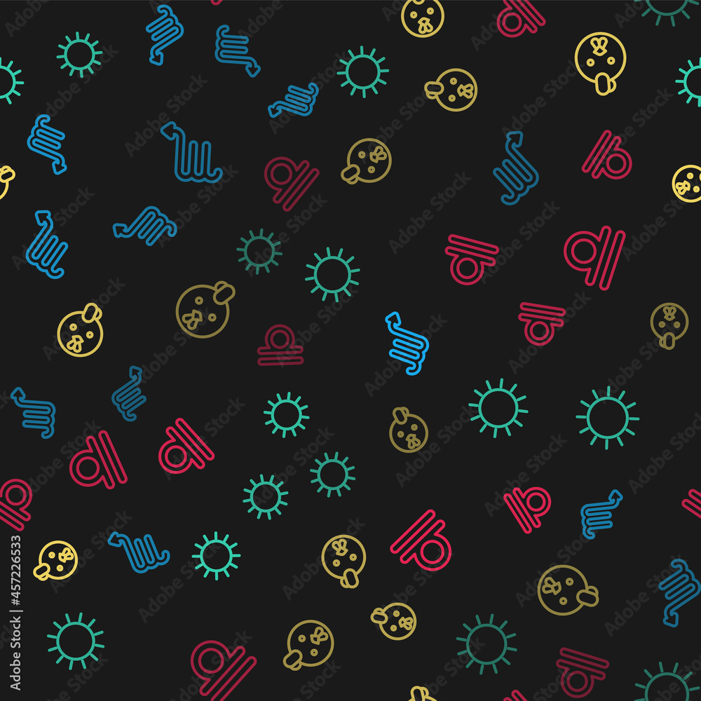 Set line Scorpio zodiac, Sun, Rooster and Libra on seamless pattern. Vector Set line Scorpio zodiac, Sun, Rooster and Libra on seamless pattern. Vector