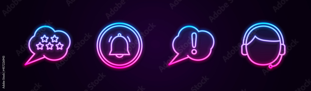 Set line Five stars rating review, Button chat notification, Speech bubble Exclamation and Man with headset. Glowing neon icon. Vector Set line Five stars rating review, Button chat notification, Speech bubble Exclamation and Man with headset. Glowing neon icon. Vector
