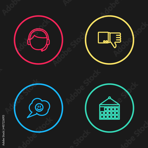 Set line Speech bubble with smile face, Calendar, Dislike and Man headset icon. Vector