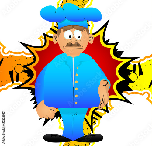 Fat male cartoon chef in uniform giving a hand. Vector illustration. Cook greeting you.