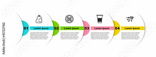 Set line Garbage bag, Say no to plastic bags poster, Paper glass and Problem of pollution planet. Business infographic template. Vector