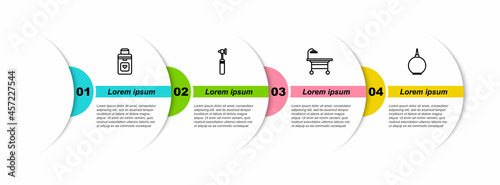 Set line Organ container, Medical otoscope tool, Operating table and Enema. Business infographic template. Vector