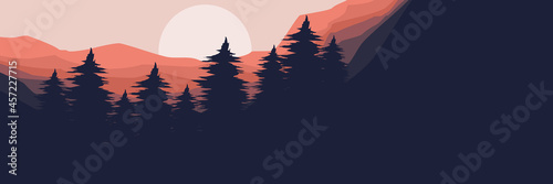 forest mountain flat design vector illustration for poster template, web banner, blog banner, website background, tourism promo poster, adventure design backdrop and poster design template	