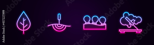 Set line Leaf, Acupuncture therapy, Vacuum cans and Scented spa stick. Glowing neon icon. Vector