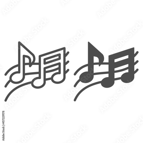 Musical notes on stave, melody line and solid icon, sound design concept, instrumental notes vector sign on white background, outline style icon for mobile concept and web design. Vector graphics.